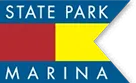 Logo with blue background, white text reading STATE PARK MARINA, and a design featuring a red and yellow rectangle with a white arrow pointing right.