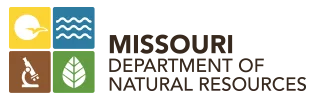 Logo of the Missouri Department of Natural Resources, featuring four colored squares with icons of a bird, water waves, microscope, and a leaf, alongside the department name in bold text.
